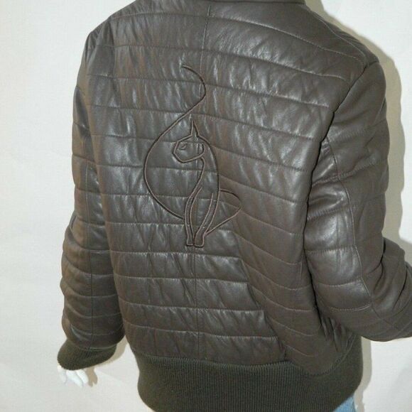 BABY PHAT Jacket Leather Brown Puffer Y2K 90's Vintage Embroidery Cat Logo XXL - Picture 3 of 12